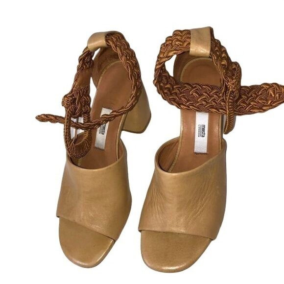 Miista London Sandals Womens Size 6 Ankle Wrap Camel Leather Heeled Adjustable - Picture 1 of 12